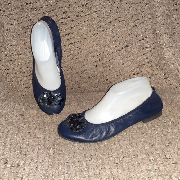 Vintage Y2k LOZZI-Navy Leather Ballet Flats/Pyramid Studs-Italy-Sz 40-Near Mint - Picture 1 of 8